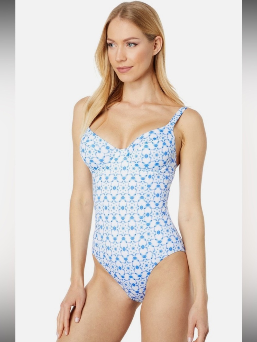 Vilebrequin Ikat Medusa One Piece Swimsuit V-Neck Underwire Blue‎ White SZ 12 US